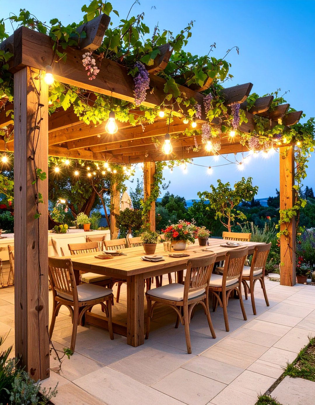 Pergola Garden with Climbing Vines and Dining Space - 25 Italian Garden Design Ideas