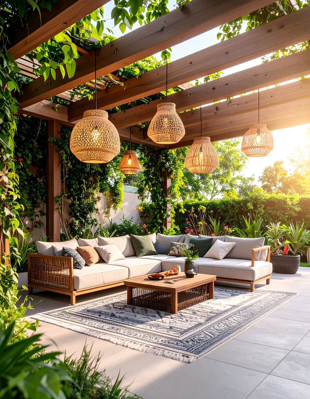 Pergola Patio with Suspended Lighting - 25 Mid-century Modern Patio Ideas