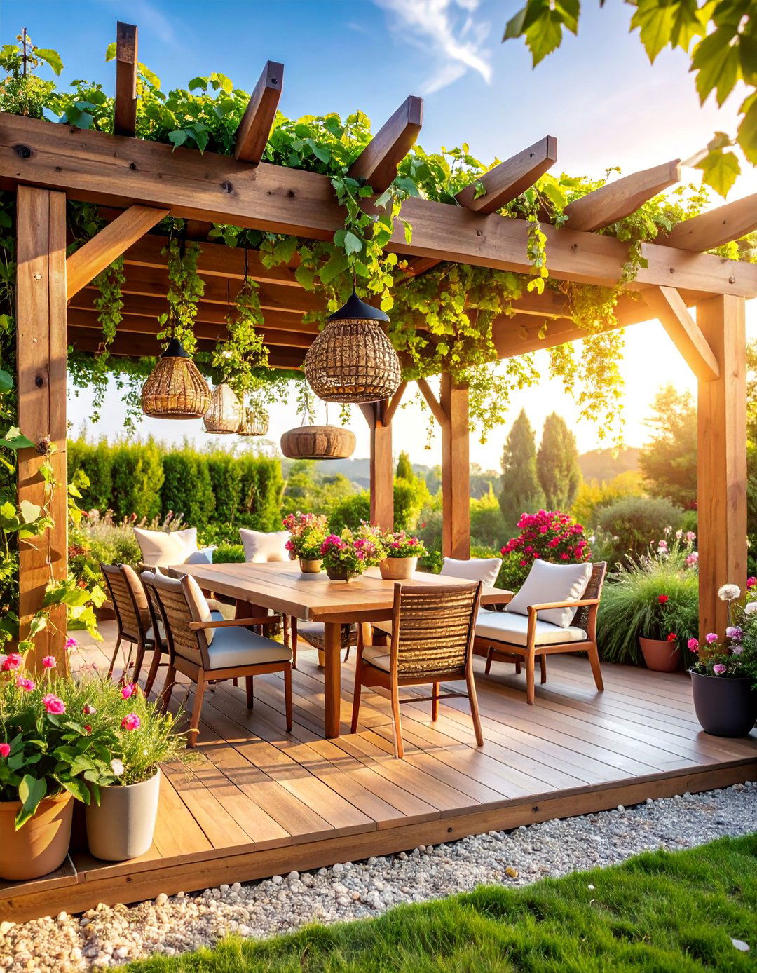 Pergola Structure with Hanging Garden Elements - 25 Garden Centerpiece Ideas