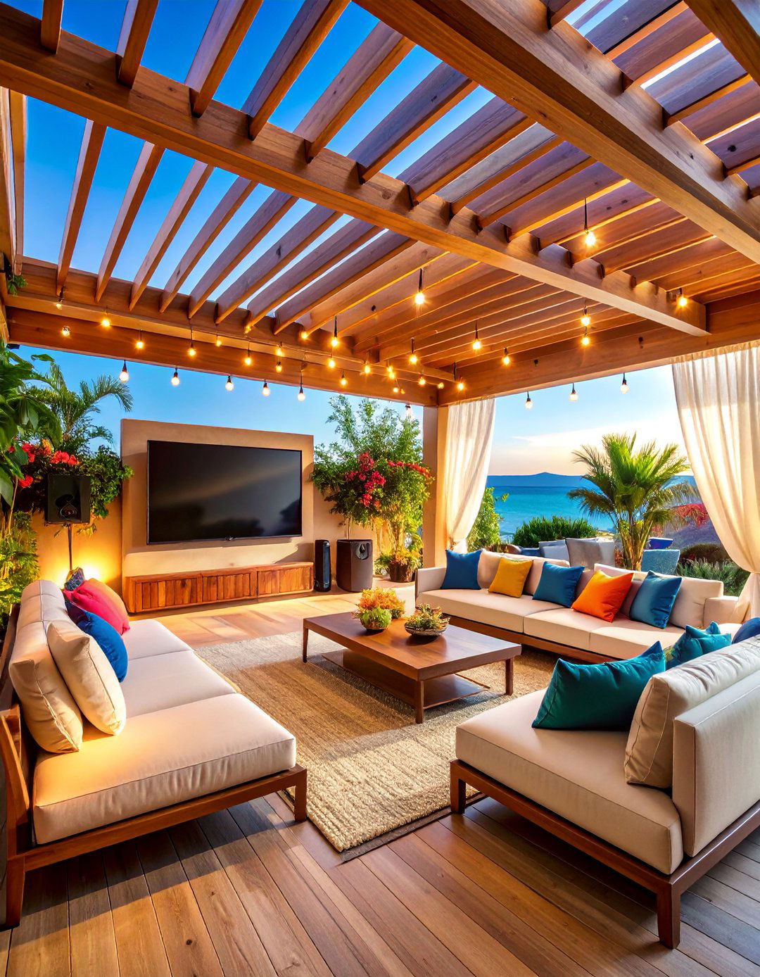 Pergola TV Entertainment Center with Retractable Louvered Roof - 25 Outdoor Tv Ideas