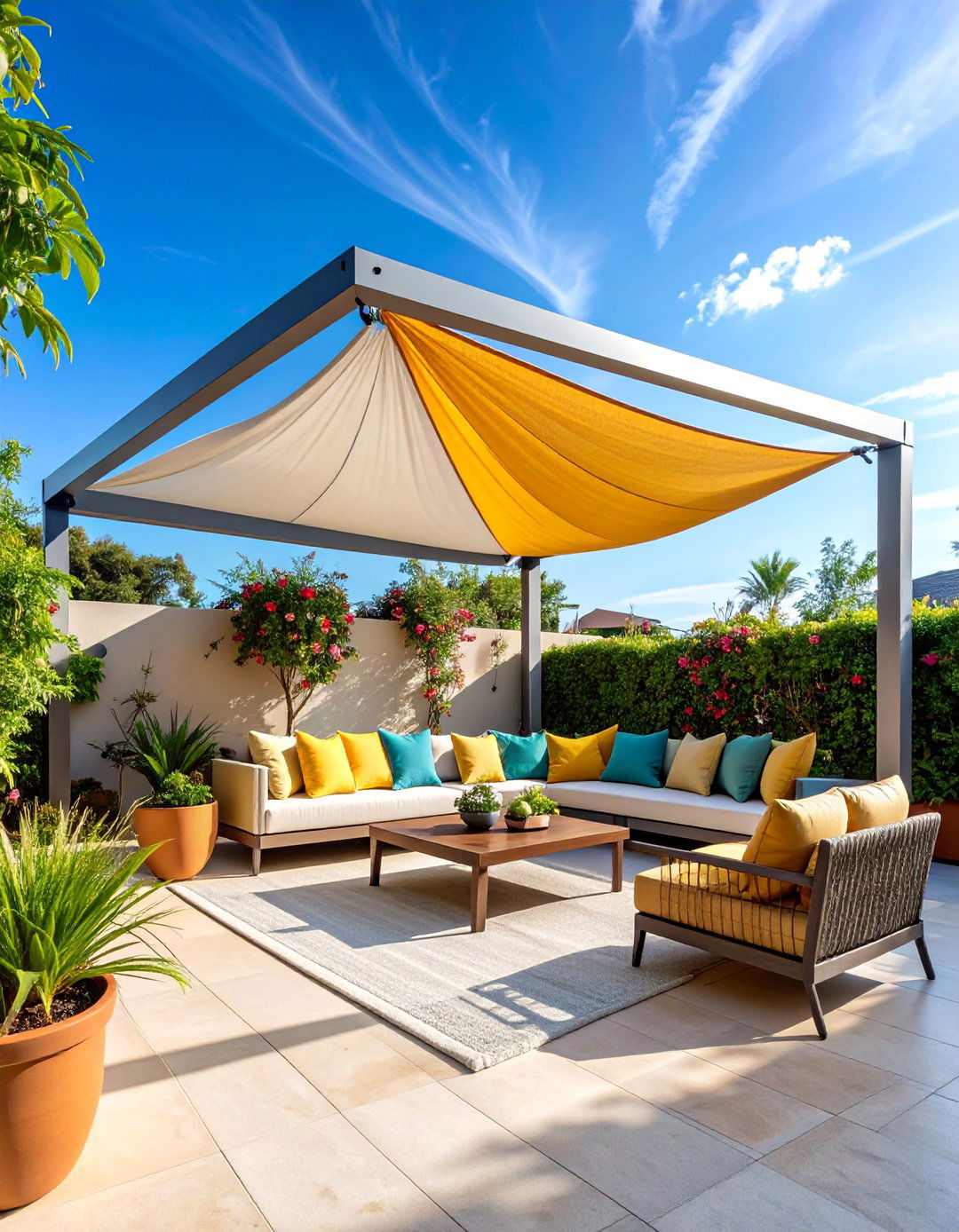 Pergola with Adjustable Shade Sail System - 25 Patio Pergola Ideas