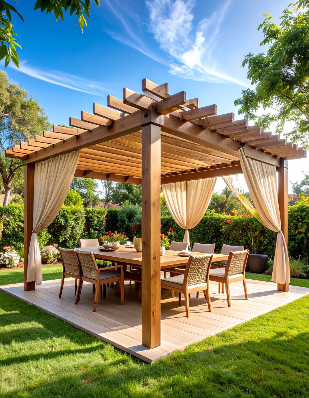 Pergola with Retractable Curtains - 25 Garden Screening Ideas