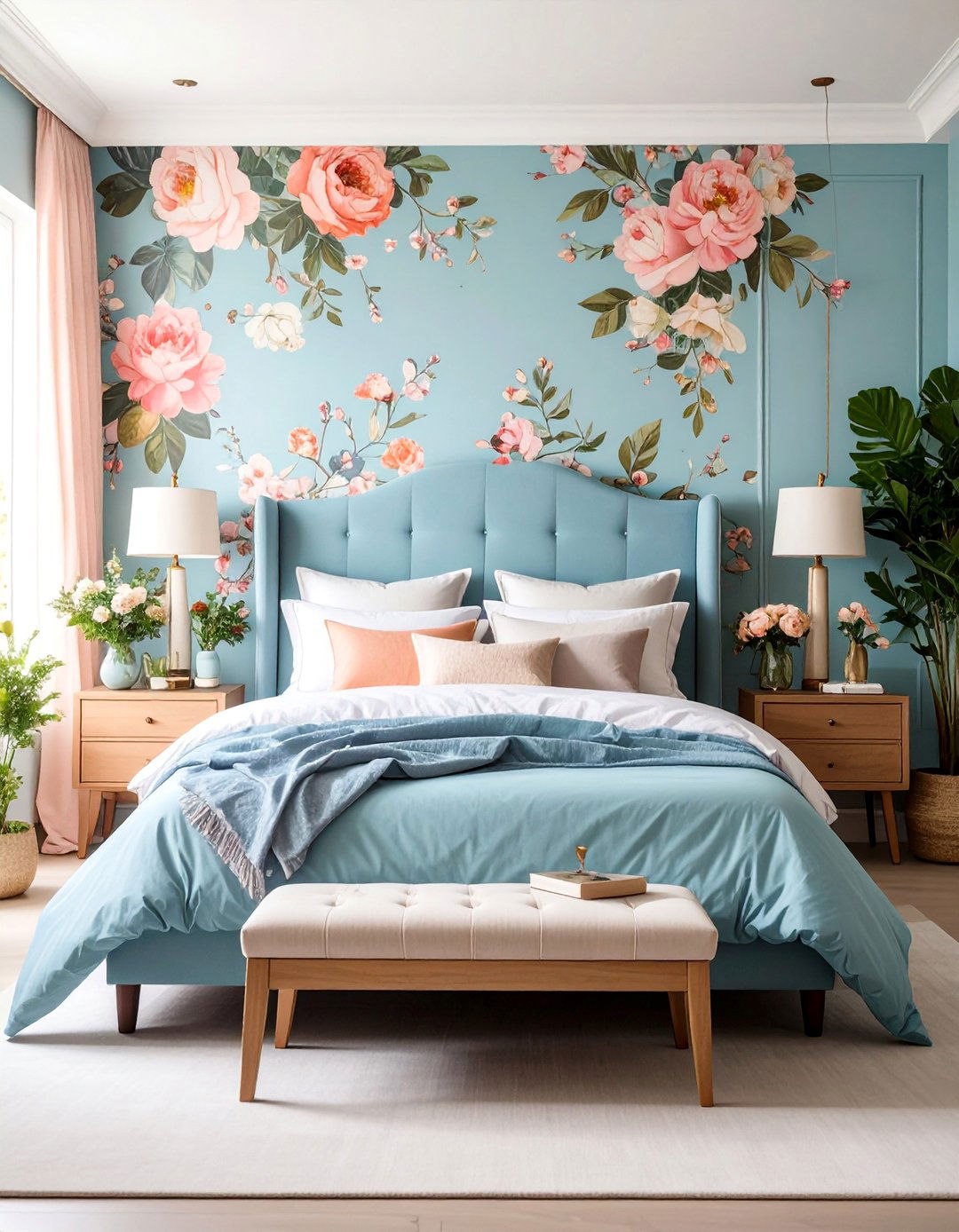 Periwinkle Bedroom with Floral Wallpaper Feature Wall - 25 Periwinkle Bedroom Ideas