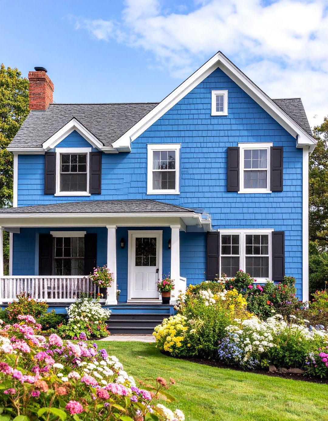 Periwinkle Blue Cape Cod with Black Trim - 25 Blue House With Black Trim Ideas