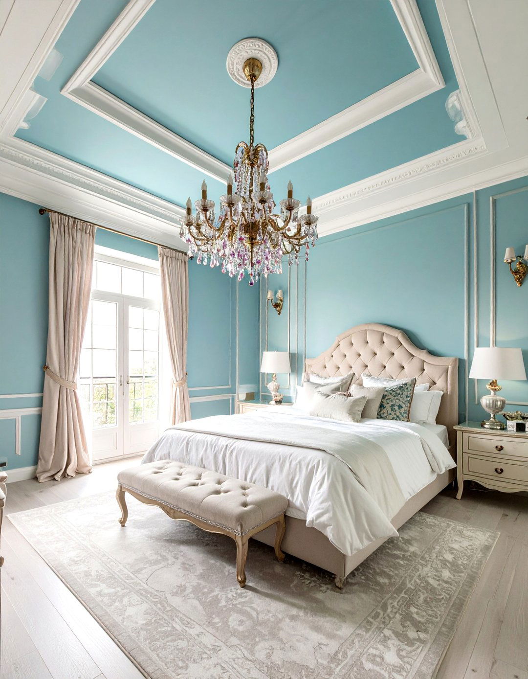 Periwinkle Blue Ceiling with Purple Chandelier Statement - 25 Blue and Purple Bedroom Ideas
