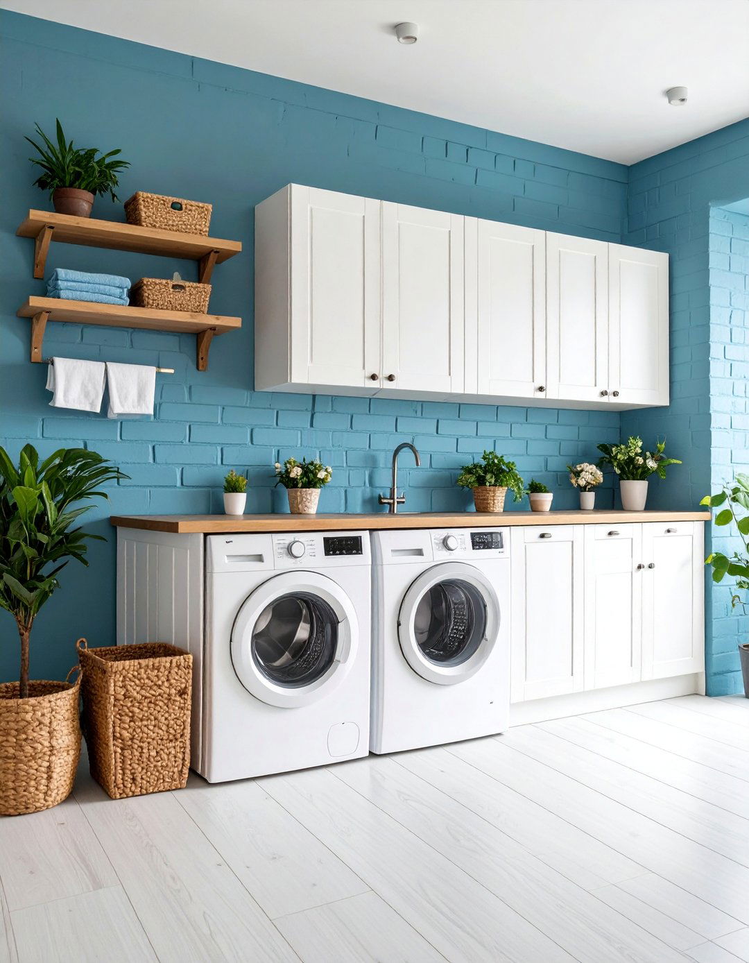 Periwinkle Blue Painted Brick Walls - 25 Blue Laundry Room Ideas