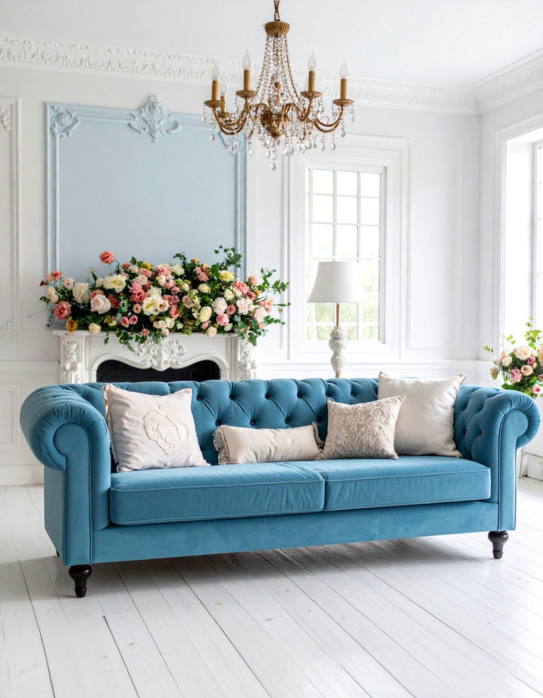 Periwinkle Blue Sofa with Shabby Chic Vintage Romance - 25 Blue Couch Living Room Ideas