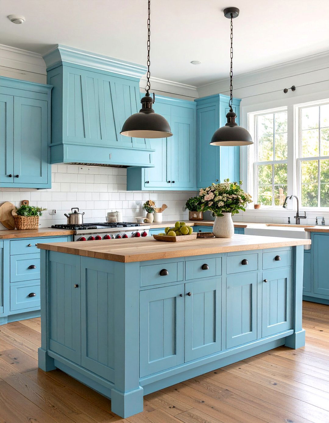 Periwinkle Farmhouse with Beadboard Paneling - 25 Blue Kitchen Island Ideas