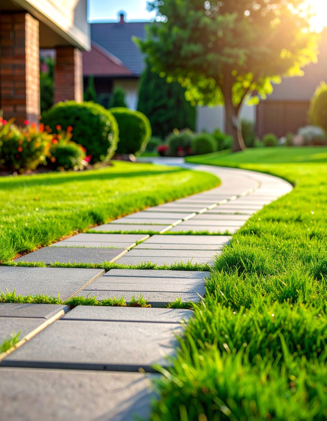 Permeable Grey Paver Walkway with Grass Joints - 25 Grey Paver Walkway Ideas