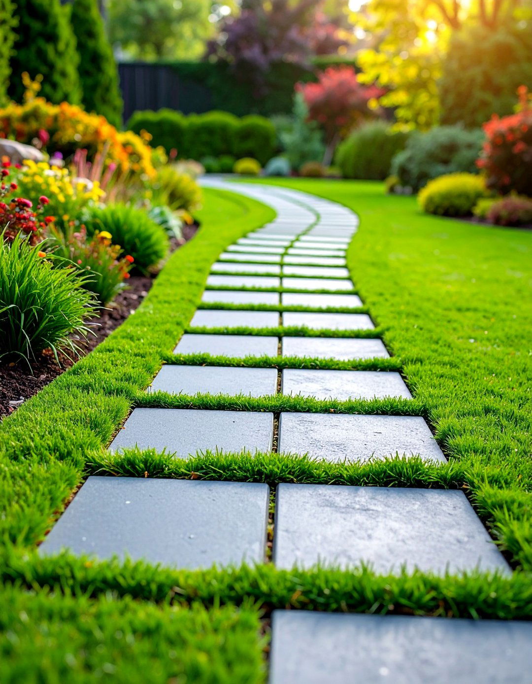 Permeable Paver Path with Grass Strips - 25 Garden Path Ideas