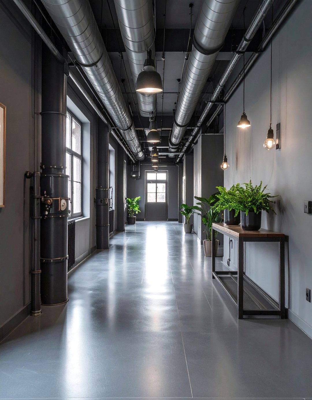 Pewter Grey with Industrial Lighting - 25 Dark Hallway Ideas