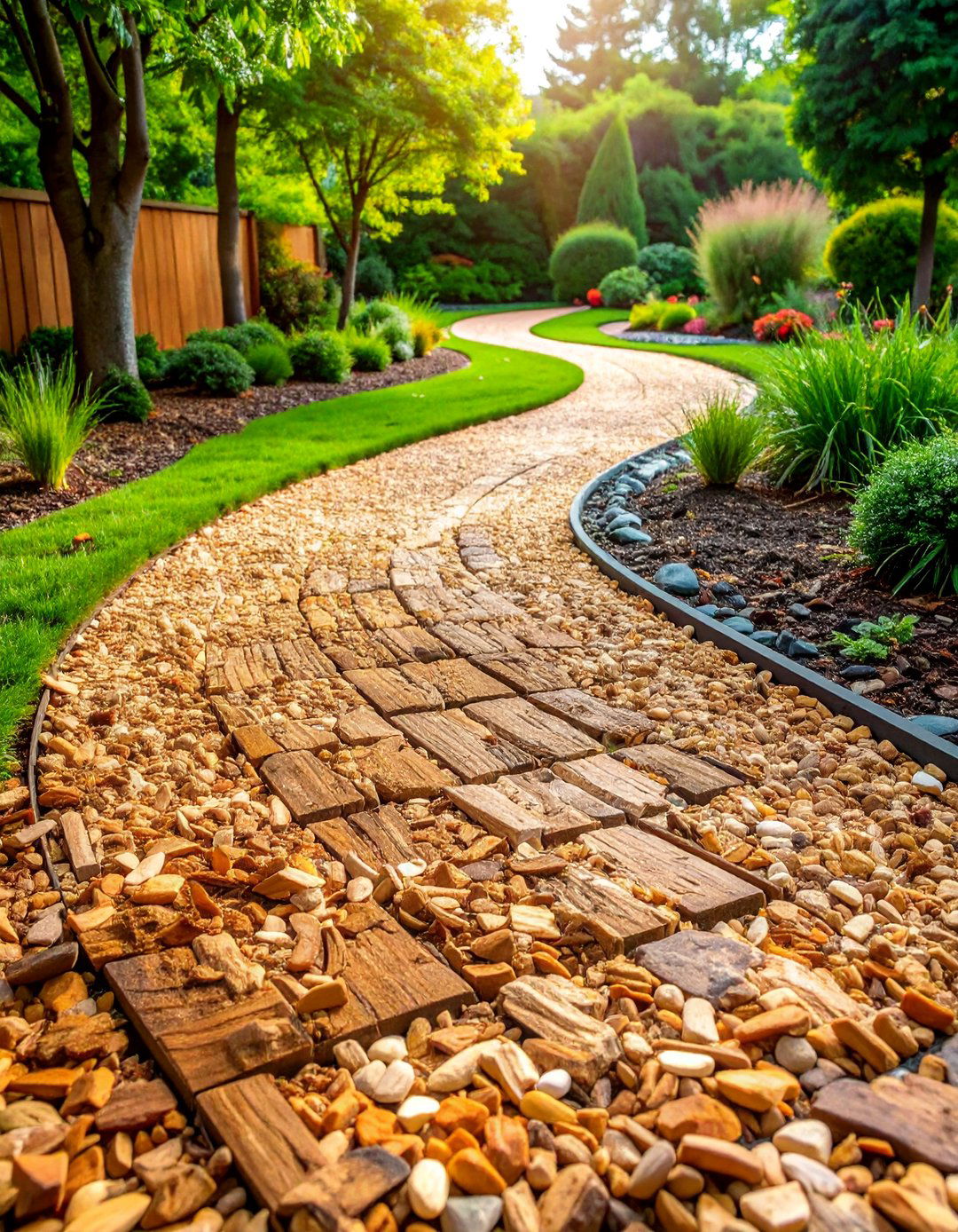 Pine Bark Nugget Pathway with Curved Design Flow - 25 Mulch Pathway Ideas
