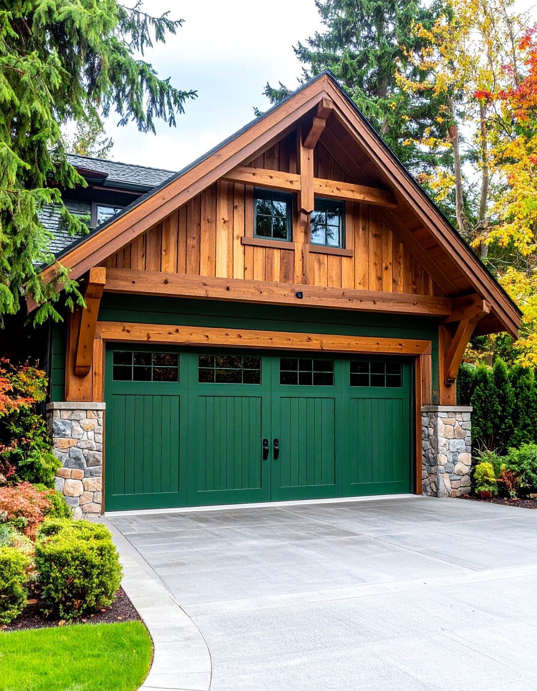 Pine Green Craftsman with Exposed Beam Details - 25 Green Garage Door Ideas