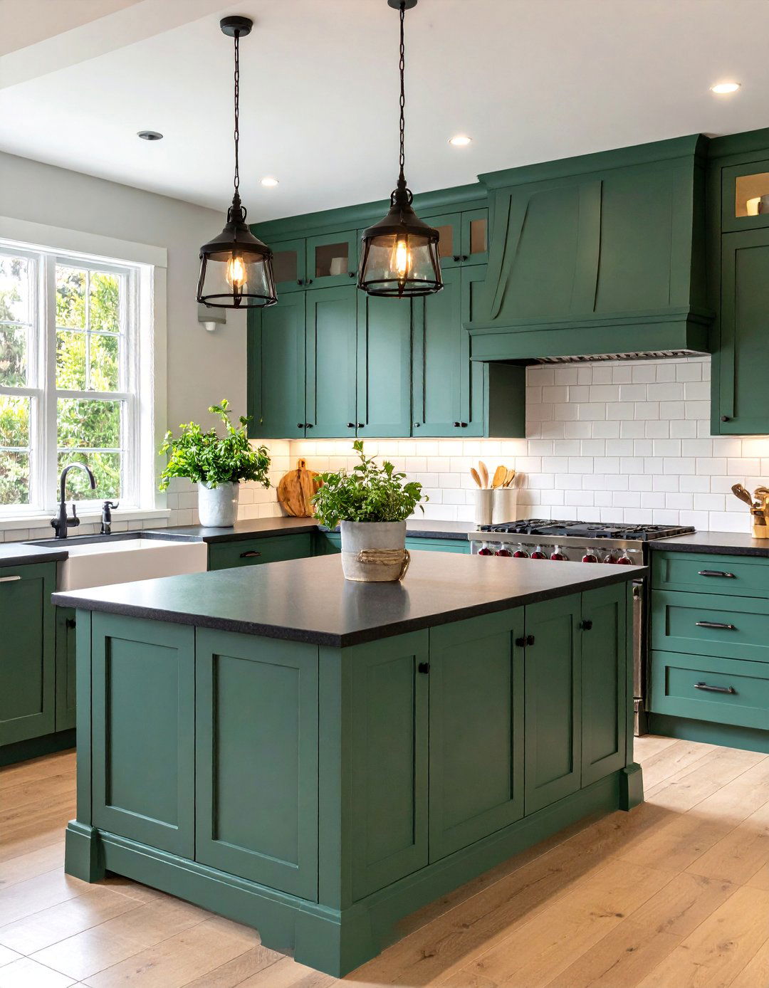 Pine Green Farmhouse Kitchen with Black Soapstone Counters - 25 Black and Green Kitchen Ideas