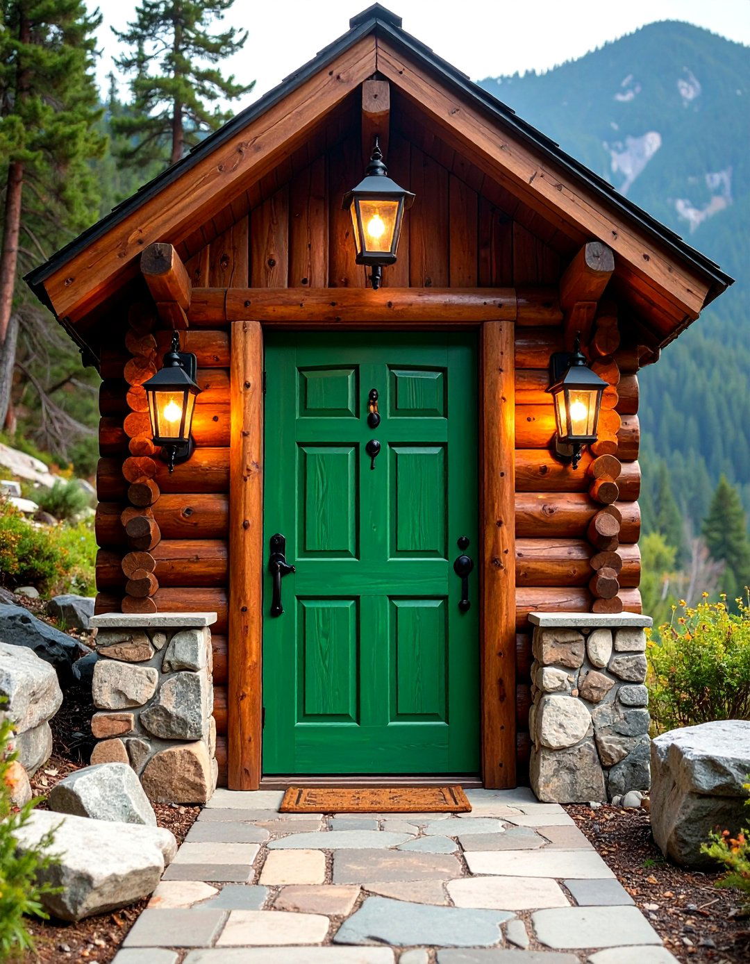 Pine Green Front Door with Log Cabin Styling - 25 Green Front Door Ideas