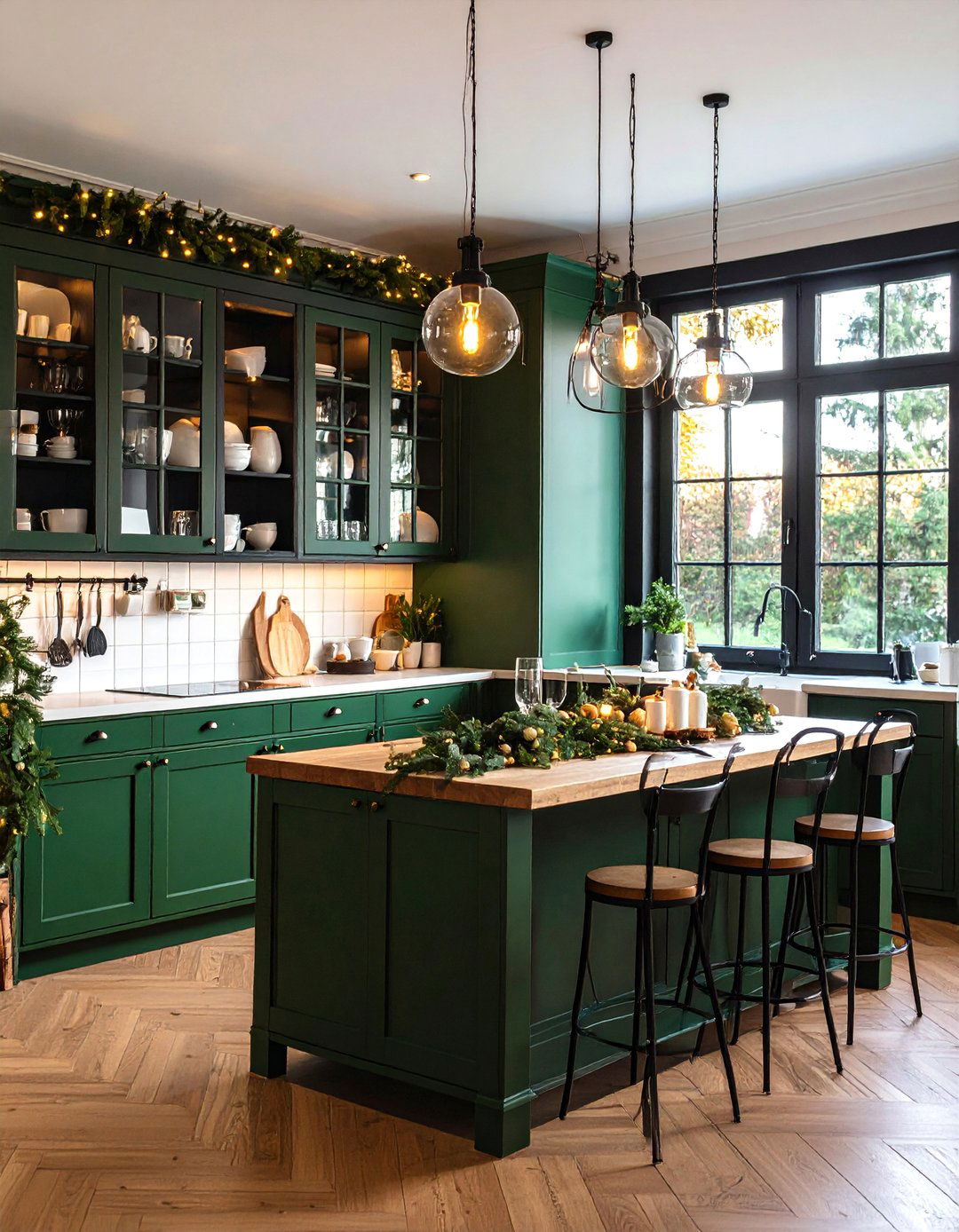 Pine Green Glass Front Cabinets with Black Interior - 25 Black and Green Kitchen Ideas