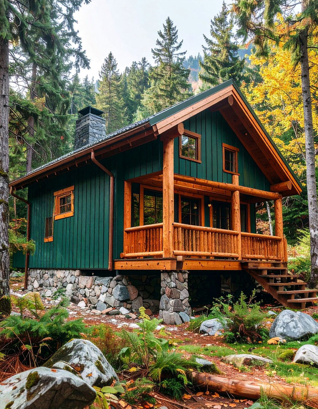 Pine Green Mountain Cabin with Log Accents - 25 Green Exterior House Paint Ideas