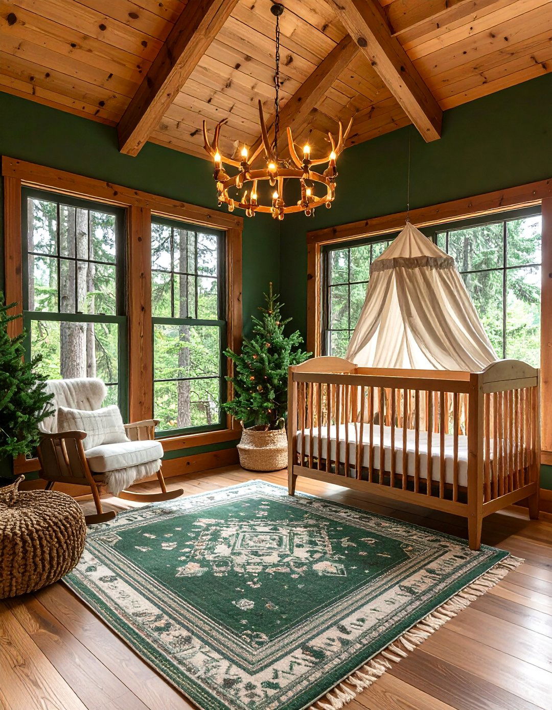 Pine Green Nursery with Rustic Cabin Warmth - 25 Green Nursery Ideas