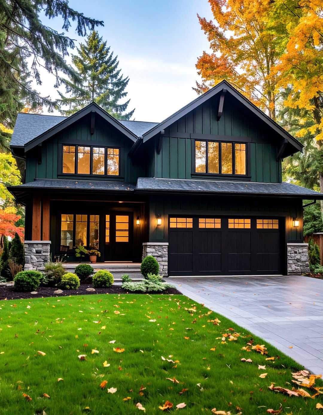 Pine Green Ranch with Black Garage Doors - 25 Green House Exterior With Black Trim