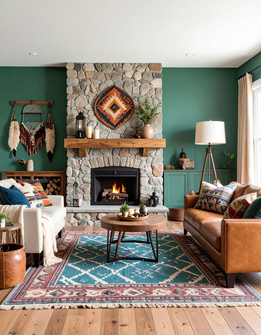 Pine Green Rustic Cabin Living Room Character - 25 Dark Green Accent Wall Ideas