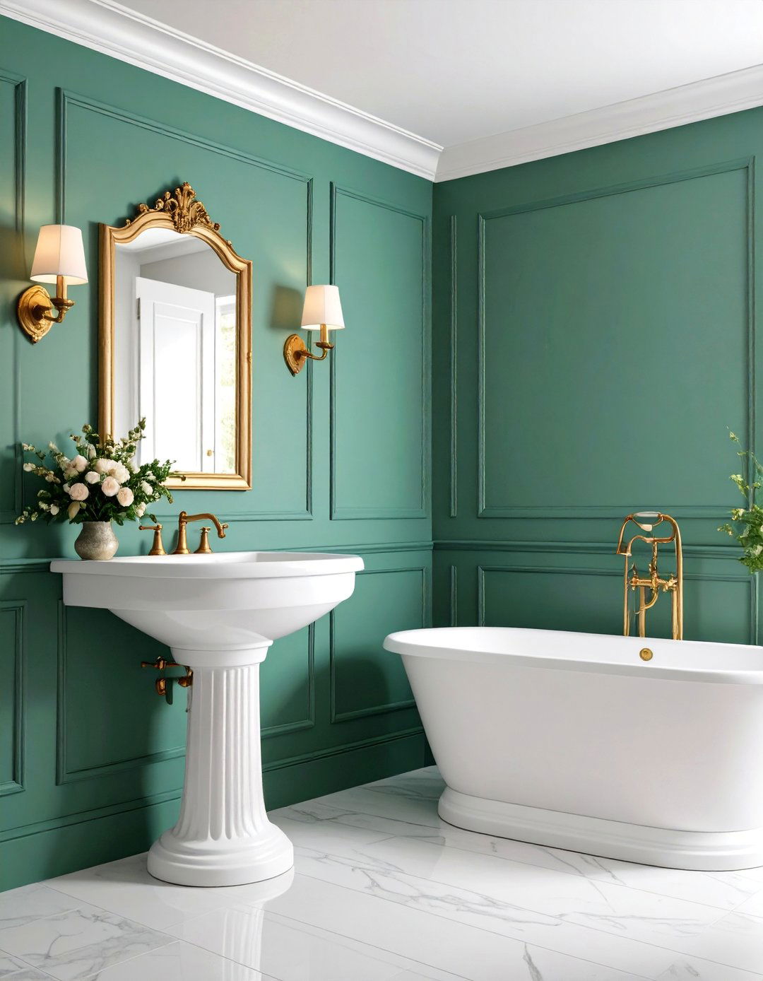 Pine Green Wainscoting with Golden Sconces - 25 Green and Gold Bathroom Ideas