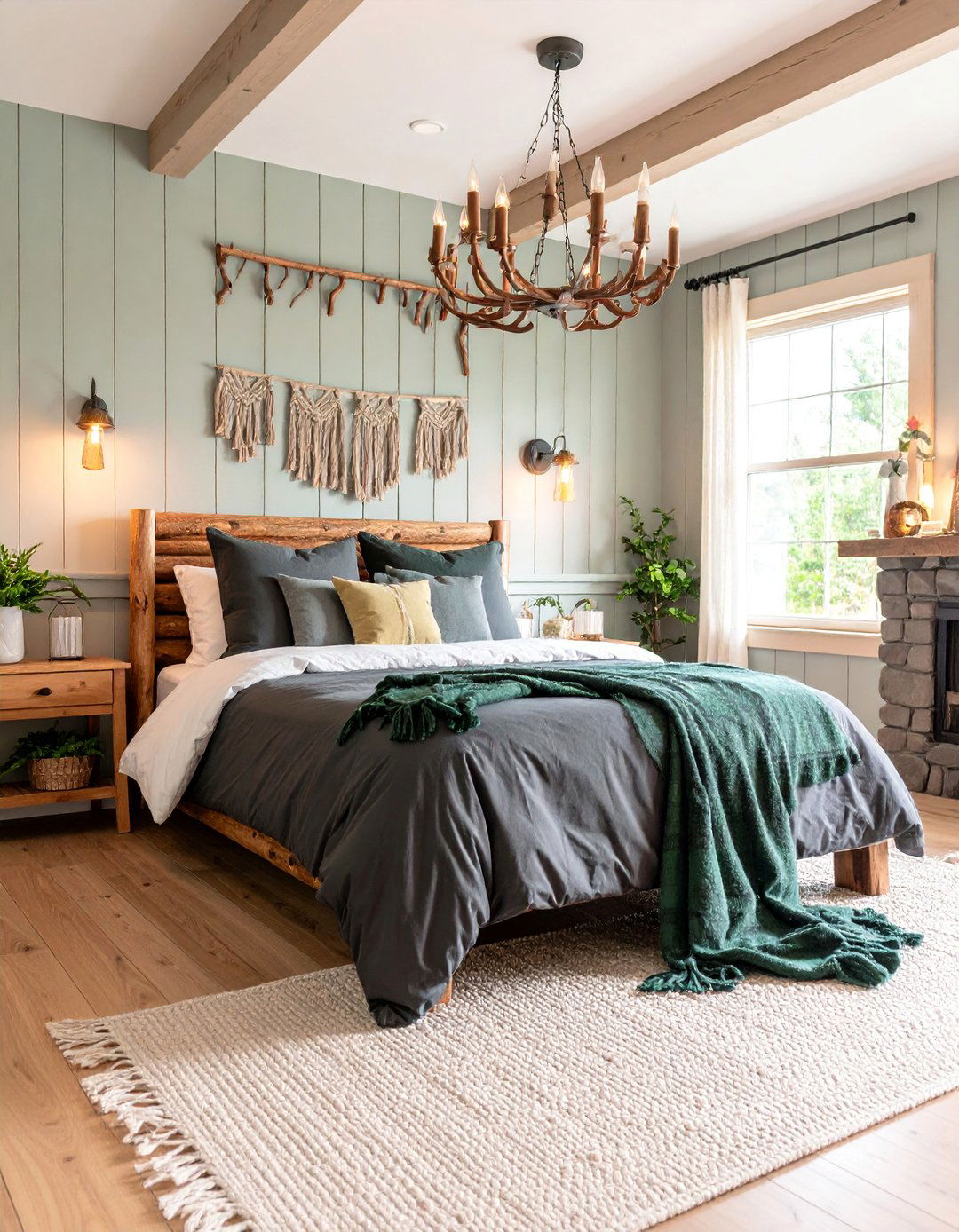 Pine Green and Dark Grey Cabin Bedroom - 25 Green and Grey Bedroom Ideas