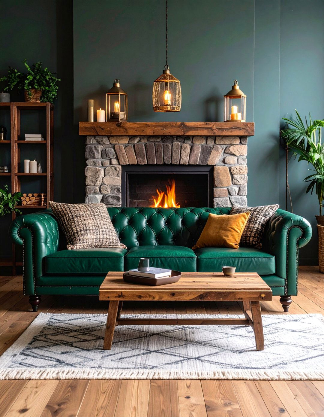 Pine Green and Warm Gold Rustic Living Room - 25 Green and Gold Living Room Ideas