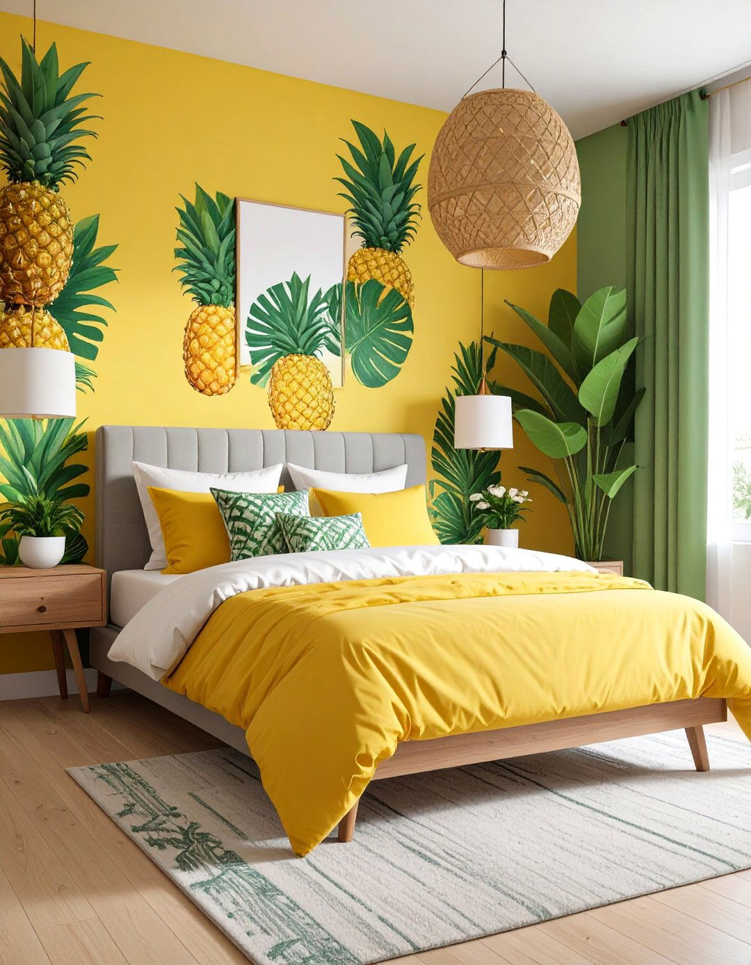 Pineapple Print Bedroom with Yellow and Green Accents - 25 Tropical Bedroom Ideas