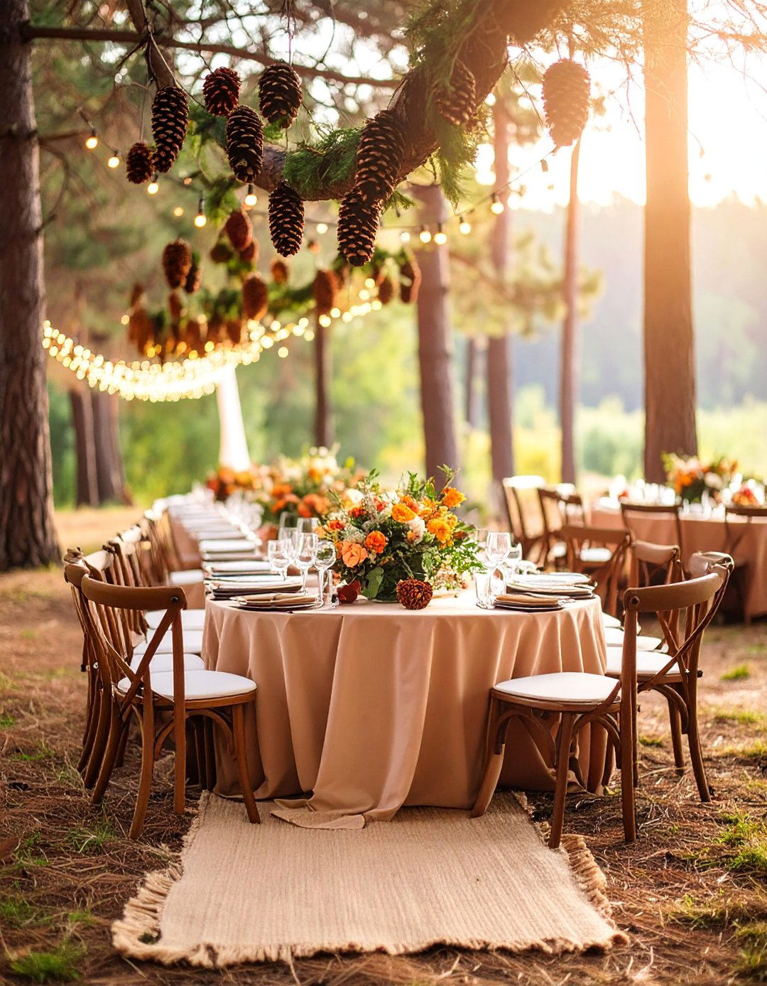 Pinecone and Branch Woodland Table Settings - 25 Fall Wedding Décor Ideas