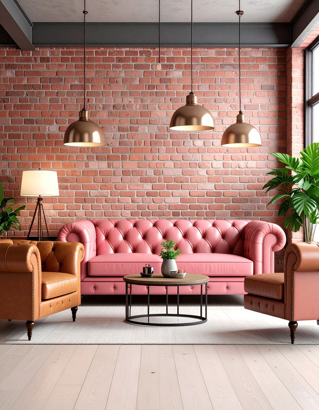 Pink Chesterfield with Industrial Elements - 25 Pink Couch Living Room Ideas