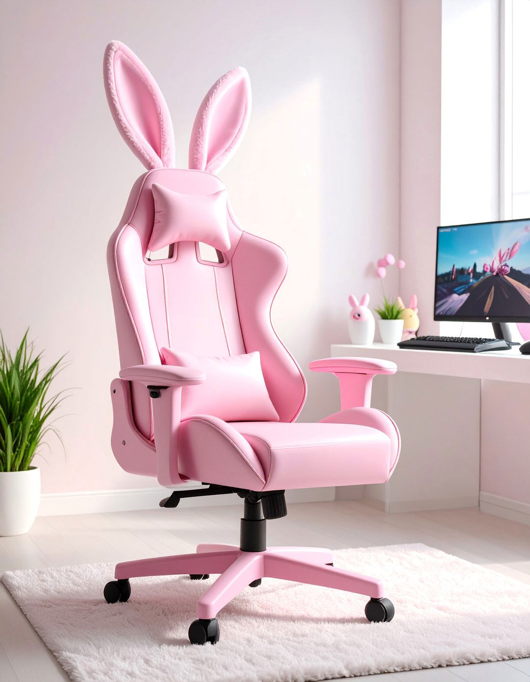 Pink Gaming Chair with Bunny Ear Setup - 25 Pink Gaming Setup Ideas