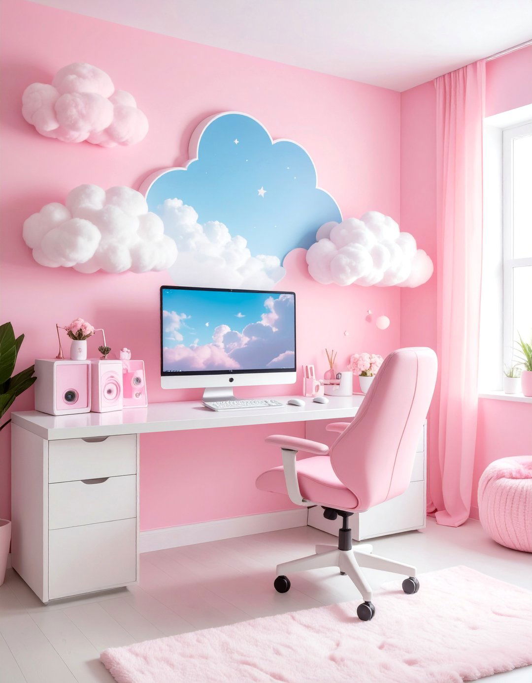 Pink Gaming Setup with LED Cloud Lighting - 25 Pink Gaming Setup Ideas