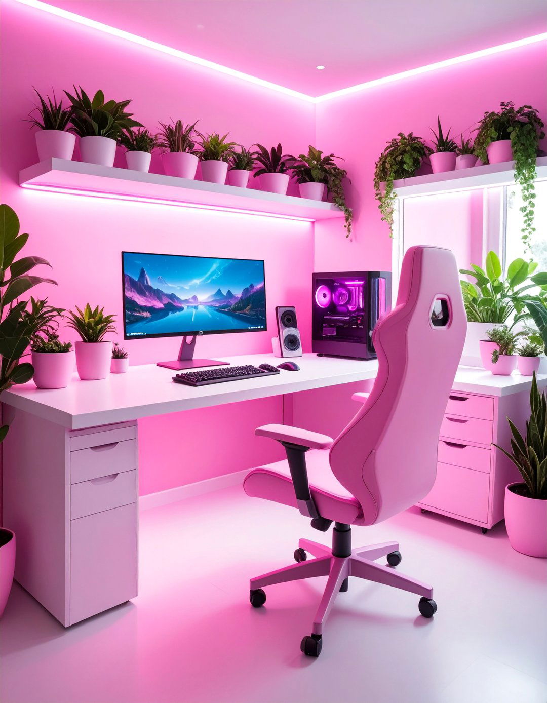 Pink Gaming Setup with Live Plants - 25 Pink Gaming Setup Ideas