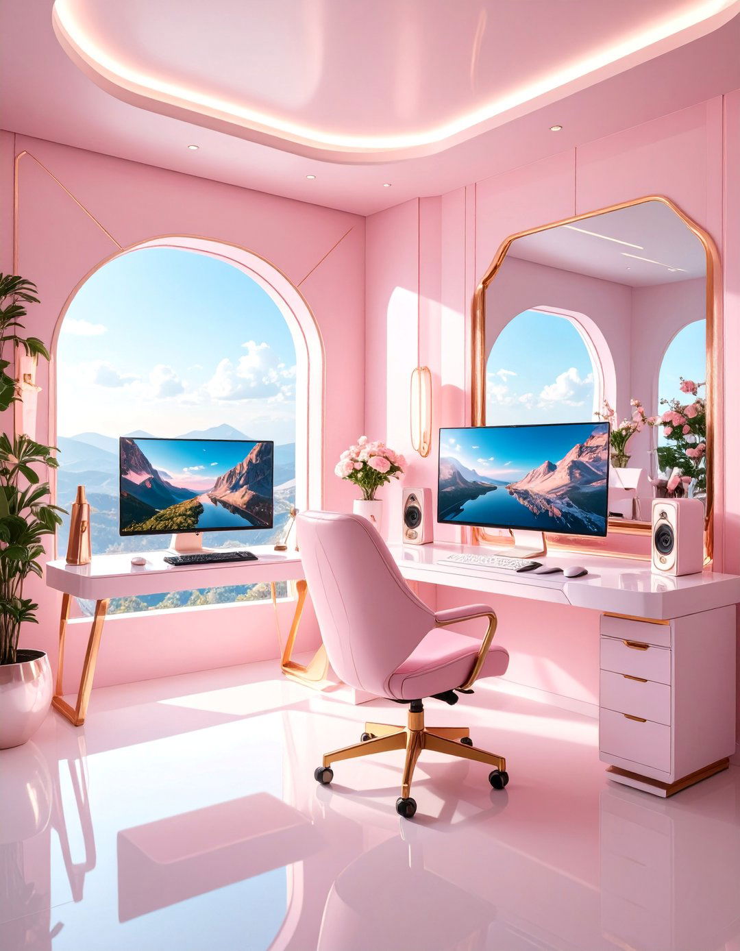 Pink Gaming Setup with Mirror Accents - 25 Pink Gaming Setup Ideas