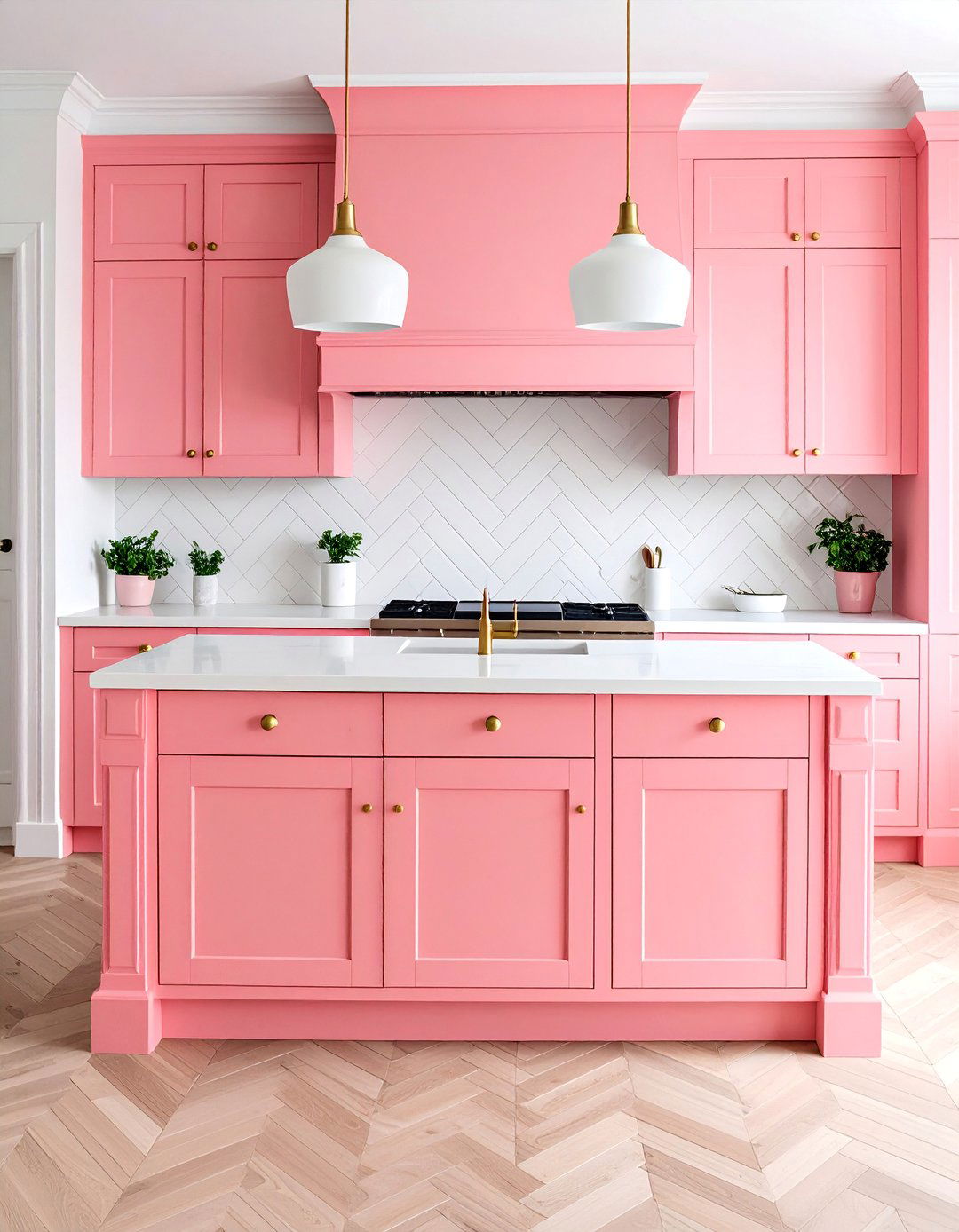 Pink Kitchen Island with White Perimeter Cabinets - 25 Pink Kitchen Ideas