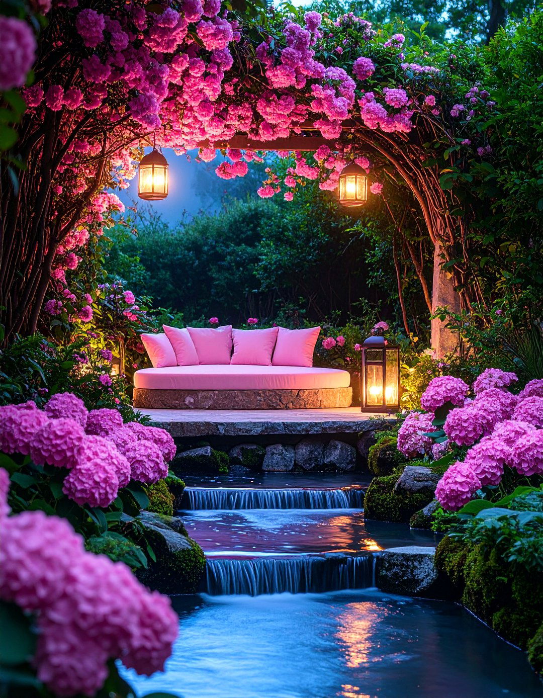 Pink Moonlit Garden Seating Nook - 25 Pink Garden Ideas
