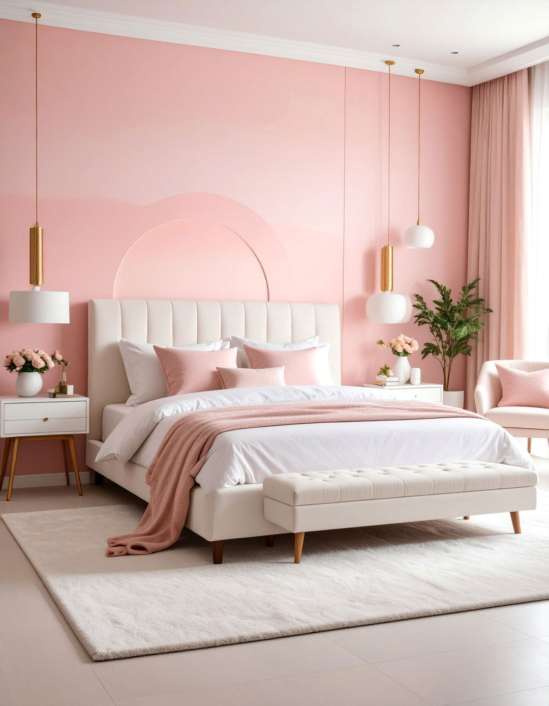 Pink Ombre Wall Bedroom with White Modern Furniture - 25 Pink Bedroom Ideas