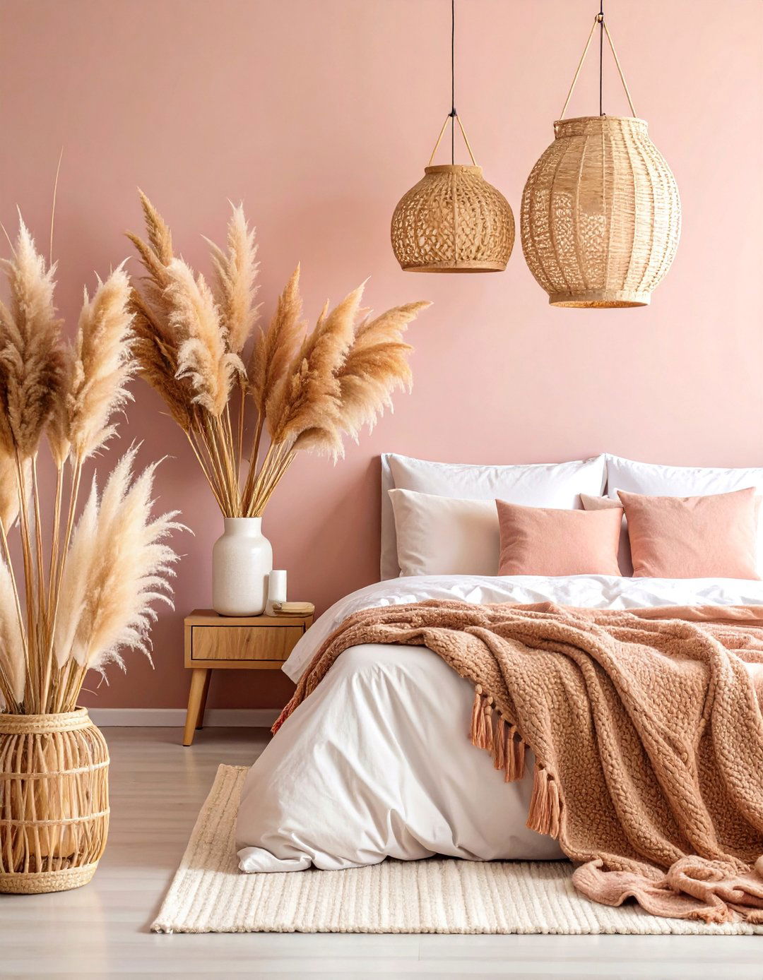 Pink Pampas Grass Accent Bedroom - 25 Pink Boho Bedroom Ideas