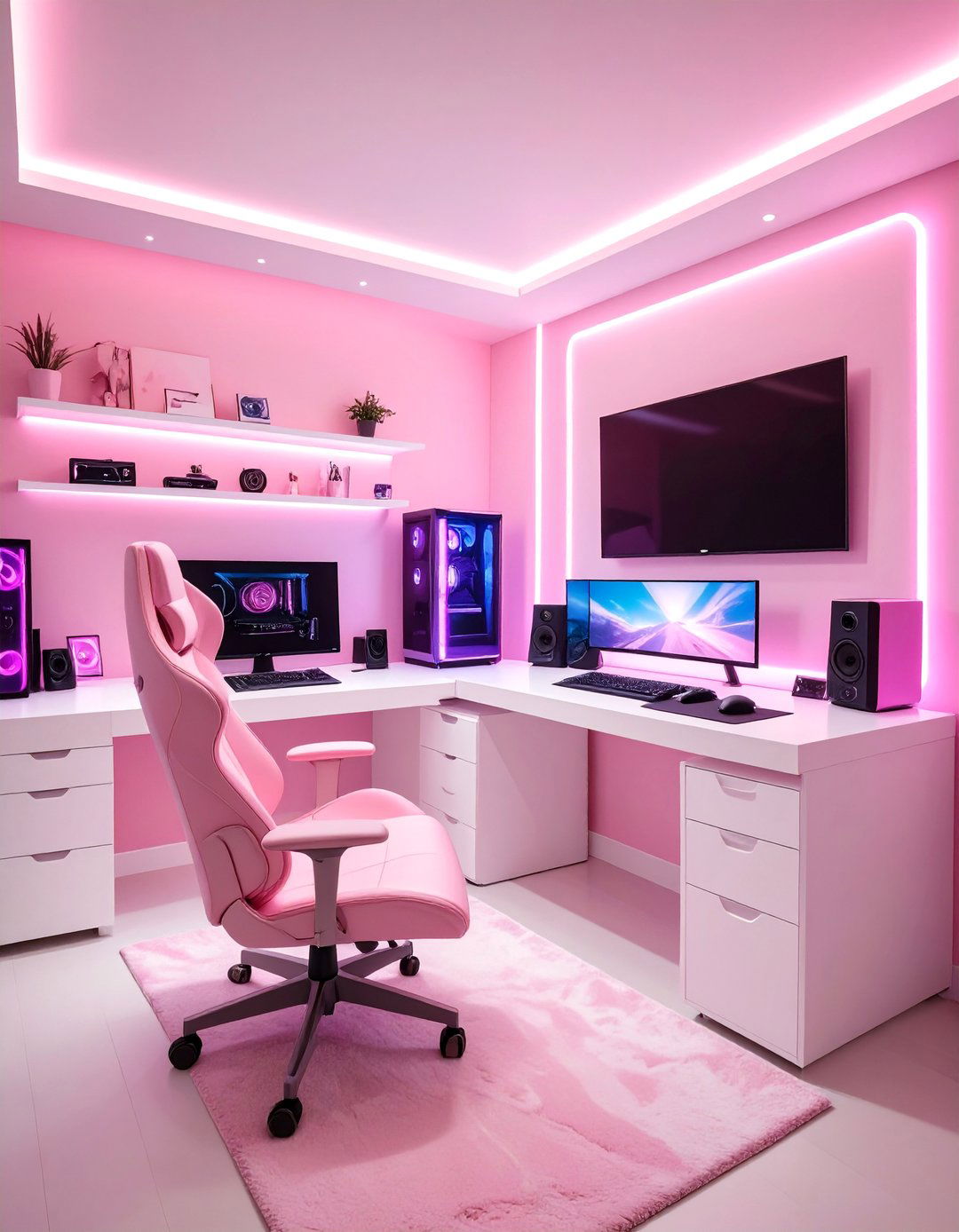 Pink Paradise Gaming Room with LED Accents - 25 Gamer Girl Room Ideas