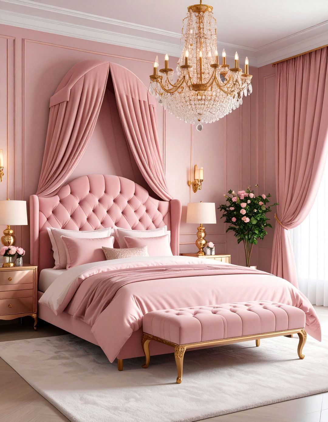 Pink Velvet Glam Bedroom with Rose Gold Details - 25 Pink Bedroom Ideas
