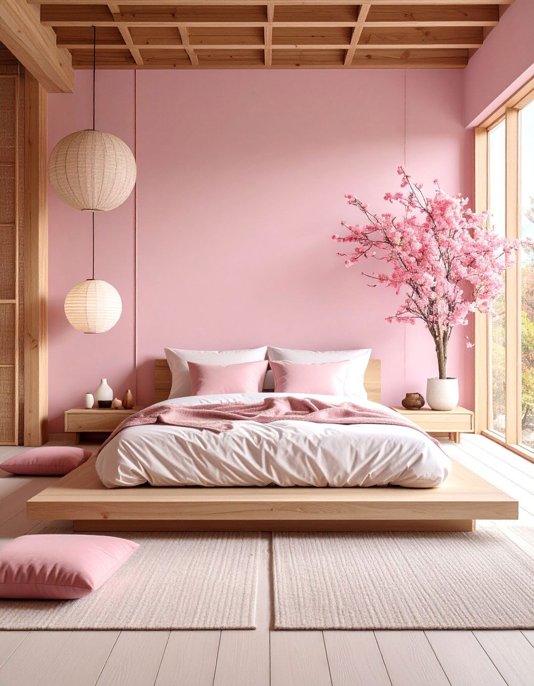 Pink Zen Bedroom with Minimalist Meditation Corner - 25 Pink Bedroom Ideas