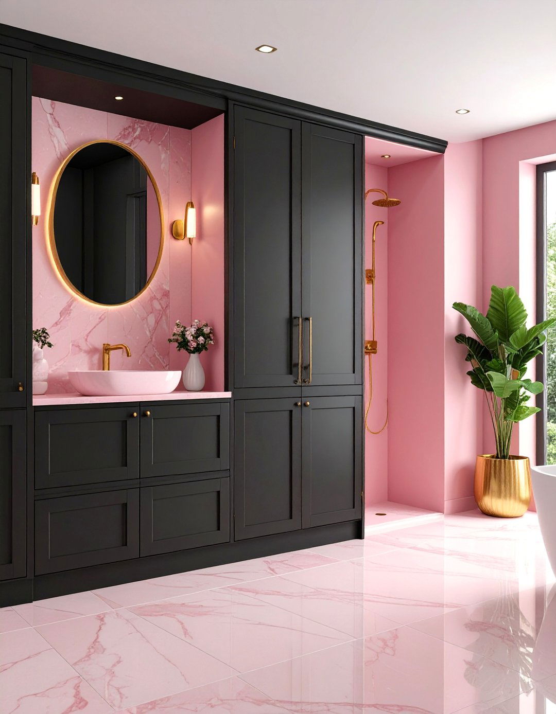 Pink and Black Built In Storage Bathroom - 25 Pink and Black Bathroom Ideas