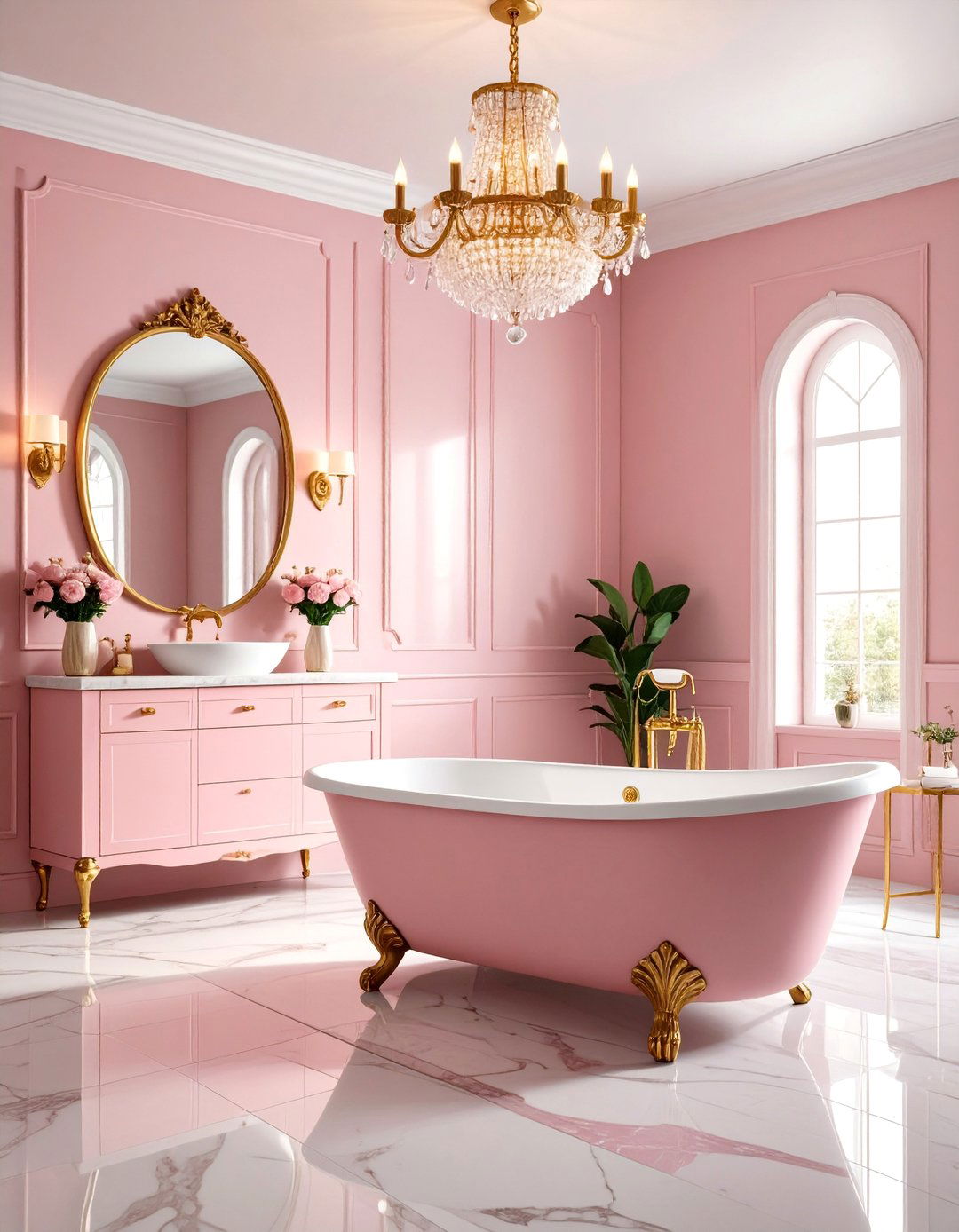 Pink and Brass Luxury Bathroom - 25 Pink Tile Bathroom Ideas