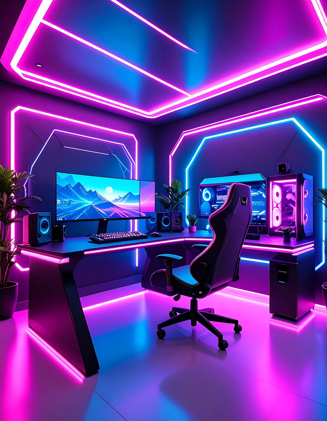 Pink and Cyan Neon Gaming Setup - 25 Pink Gaming Setup Ideas