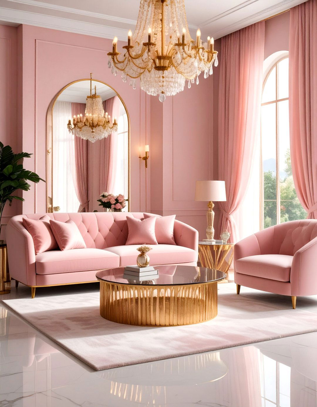 Pink and Gold Glamorous Living Room with Luxury Accents - 25 Pink Living Room Ideas