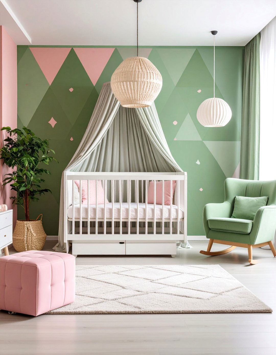 Pink and Green Geometric Modern Nursery - 25 Pink and Green Nursery Ideas