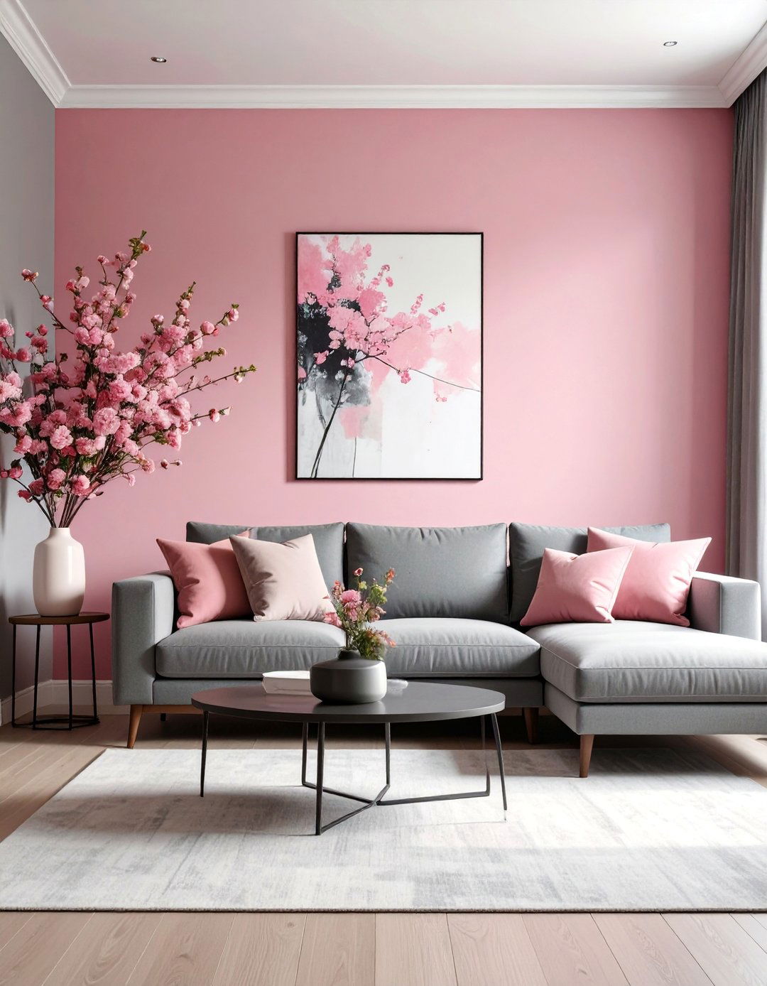 Pink and Grey Living Room with Bold Accent Wall - 25 Pink and Grey Living Room Ideas