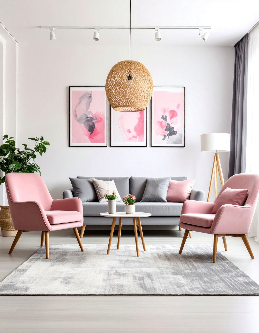 Pink and Grey Living Room with Gallery Wall Focus - 25 Pink and Grey Living Room Ideas