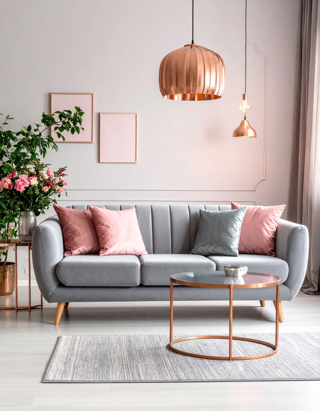 Pink and Grey Living Room with Mixed Metallics - 25 Pink and Grey Living Room Ideas