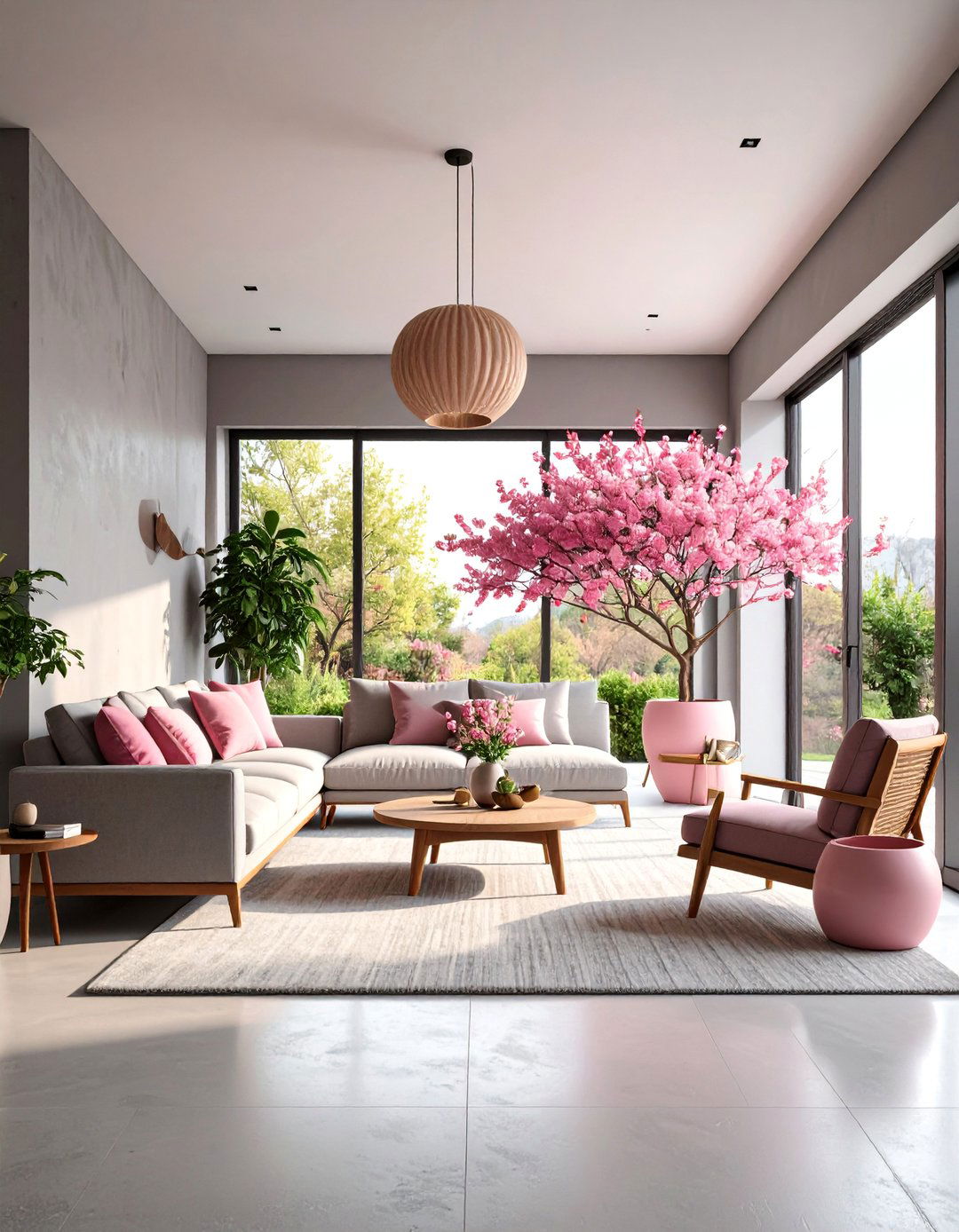 Pink and Grey Living Room with Outdoor Connection - 25 Pink and Grey Living Room Ideas